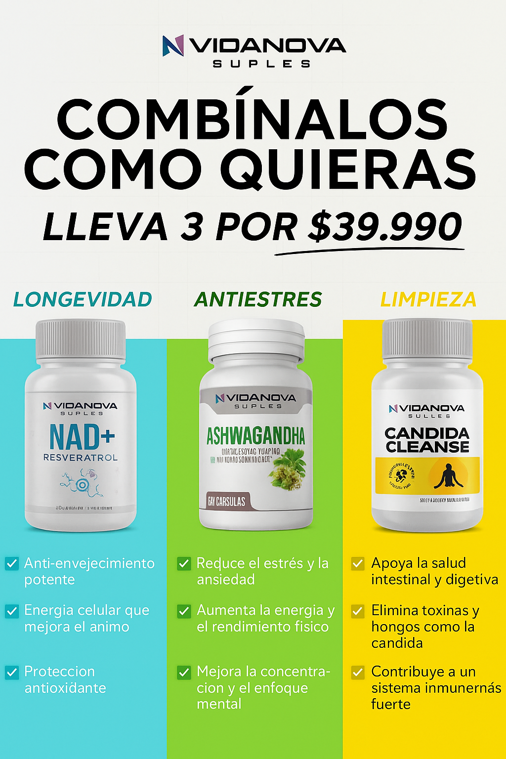 Pack Suplementos (Resveratrol+Ashwaganda+Candida)
